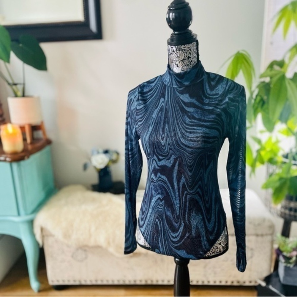 NWT Good American Blue Ink Swirl Mesh Mock Neck Thong Bodysuit, Size 3 / Large - Picture 3 of 8